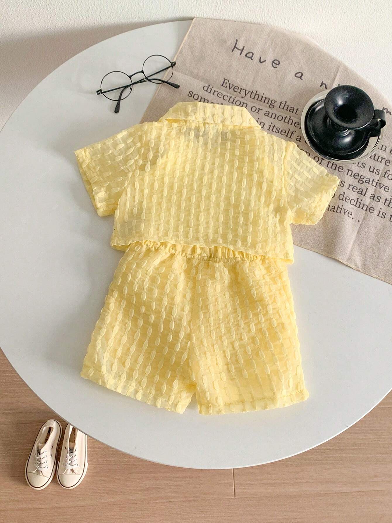 Textured Fabric Short Sleeved Shirt+Shorts+Suspenders Bodysuit 3pcs Set