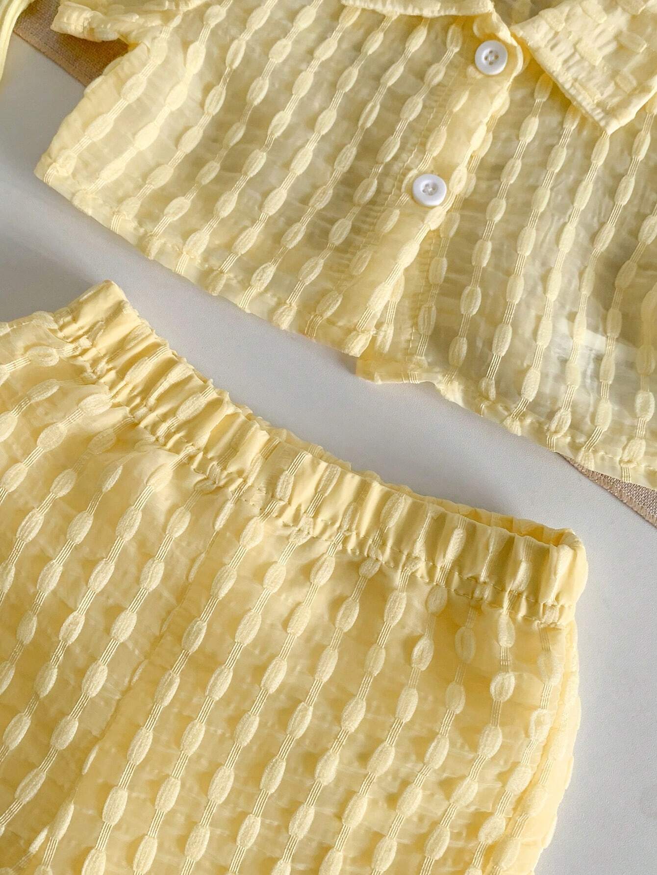 Textured Fabric Short Sleeved Shirt+Shorts+Suspenders Bodysuit 3pcs Set