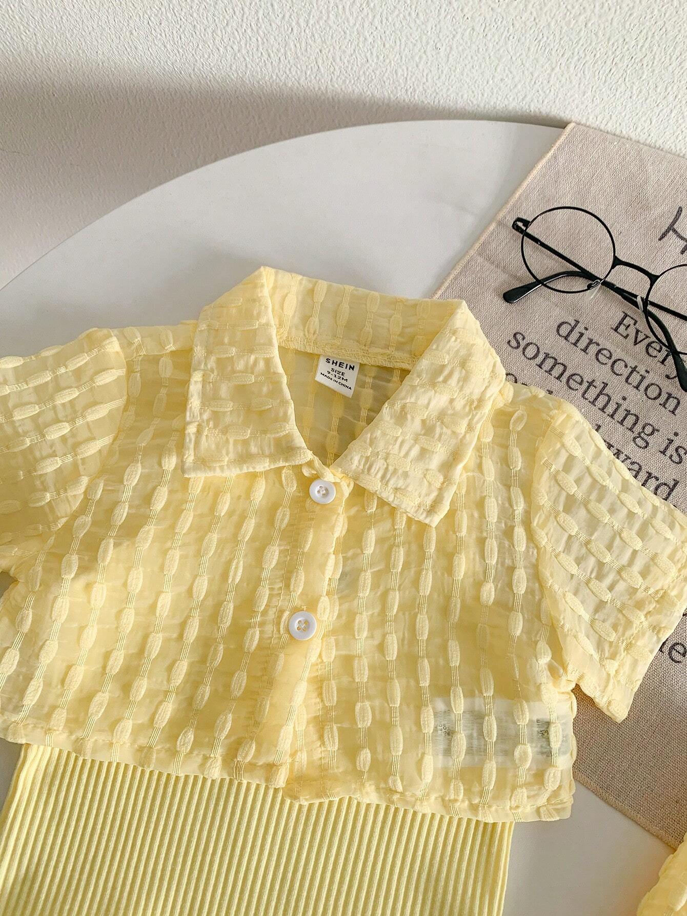 Textured Fabric Short Sleeved Shirt+Shorts+Suspenders Bodysuit 3pcs Set