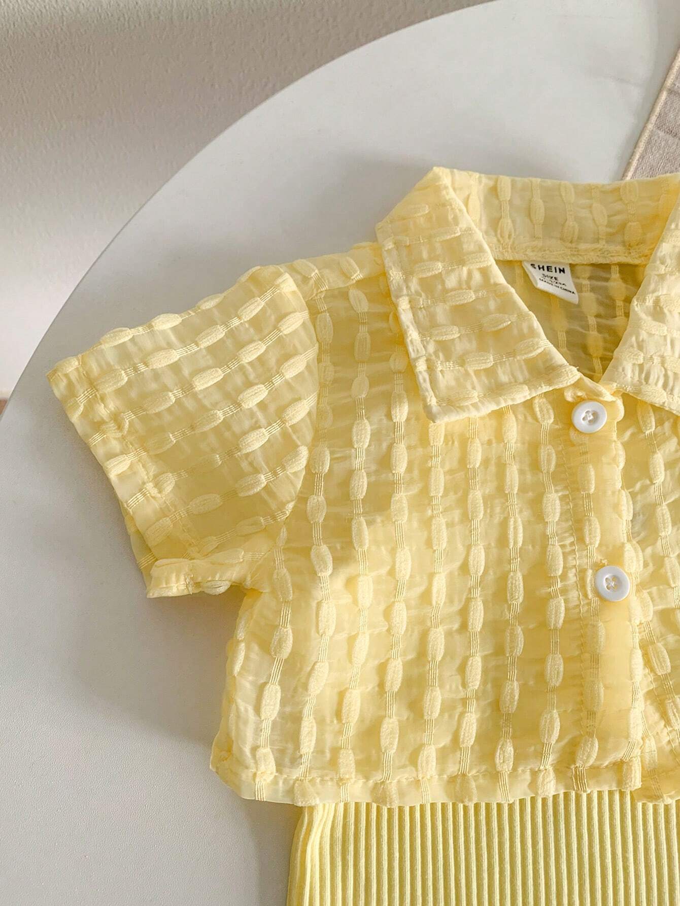 Textured Fabric Short Sleeved Shirt+Shorts+Suspenders Bodysuit 3pcs Set