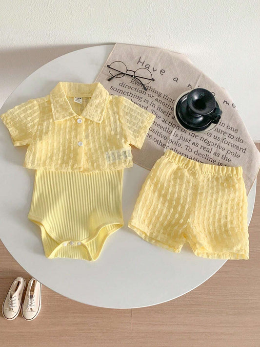 Textured Fabric Short Sleeved Shirt+Shorts+Suspenders Bodysuit 3pcs Set