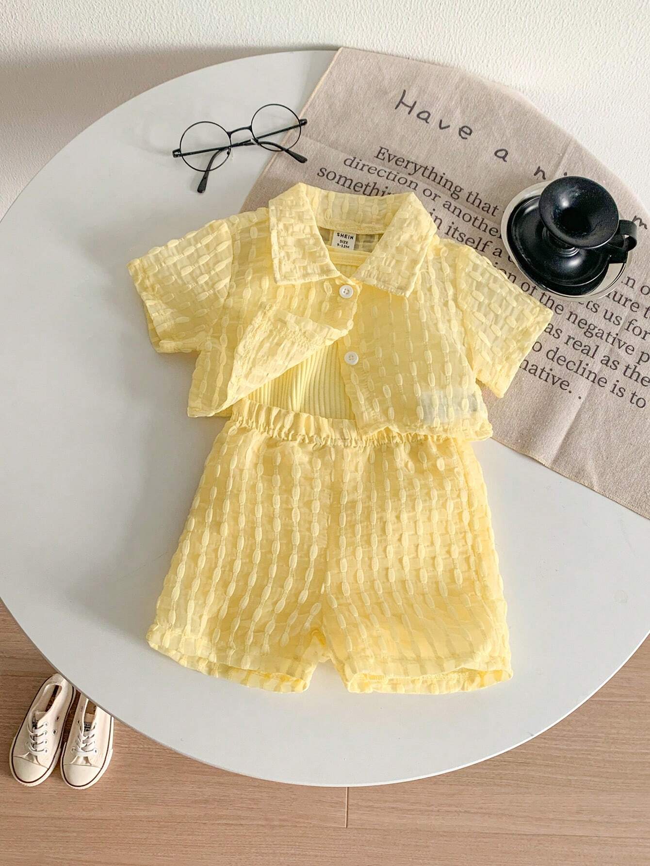 Textured Fabric Short Sleeved Shirt+Shorts+Suspenders Bodysuit 3pcs Set