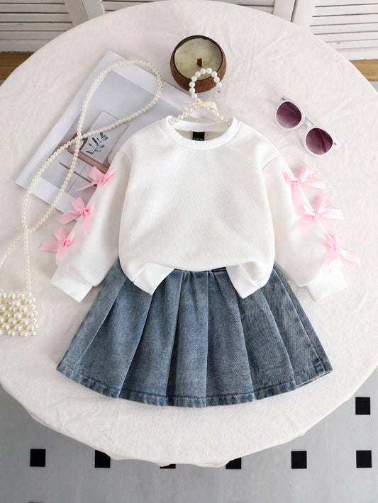 SHEIN Playful Pals Baby Girls' White Bow Sweatshirt & Blue Denim Pleated Skirt Set