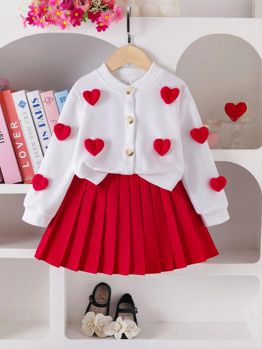 Knit Cardigan Jacket, Heart Design, Paired With Pink Skirt-S 4Y