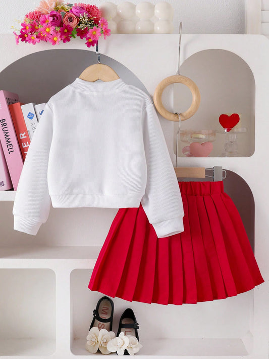 Knit Cardigan Jacket, Heart Design, Paired With Pink Skirt-S