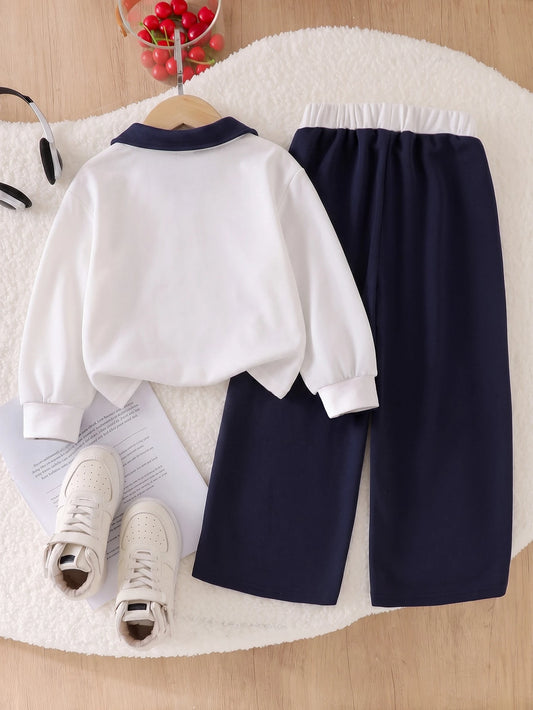 Contrast Collar Long Sleeve Top + High Waist Wide Leg Pants