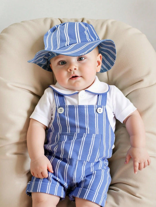 Short Sleeve Knit T-Shirt & Light Blue Striped Overalls With Pockets