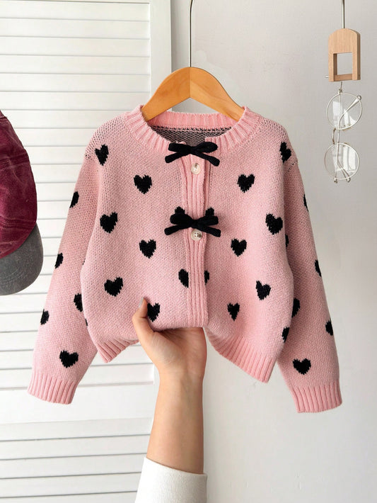 Young Girl'Thick Knit Bow Decor Cardigan,Heart Sweater