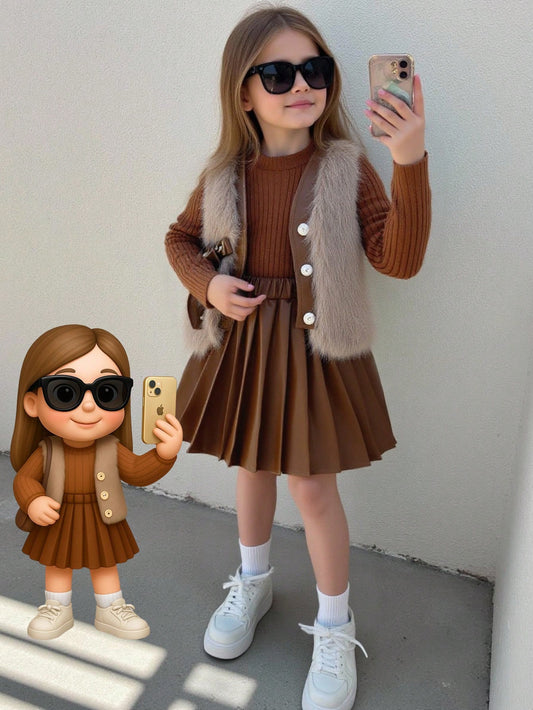 Young Girls Brown Knitted Long Sleeve Plush Bow Beaded Vest Jacket, Pleated Skirt Rust Brown