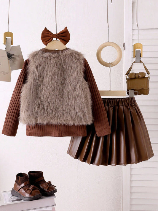 Young Girls Brown Knitted Long Sleeve Plush Bow Beaded Vest Jacket, Pleated Skirt