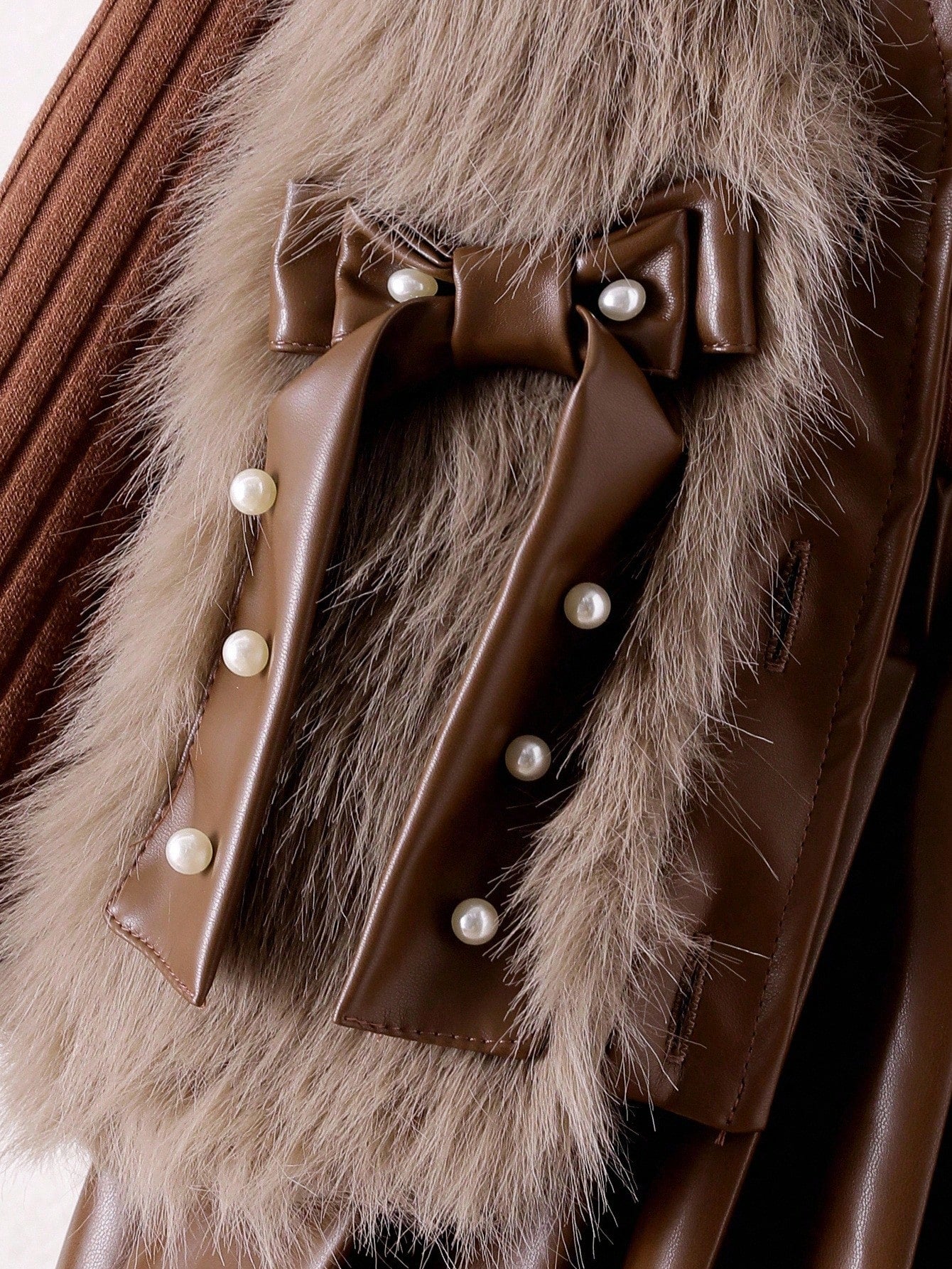 Young Girls Brown Knitted Long Sleeve Plush Bow Beaded Vest Jacket, Pleated Skirt