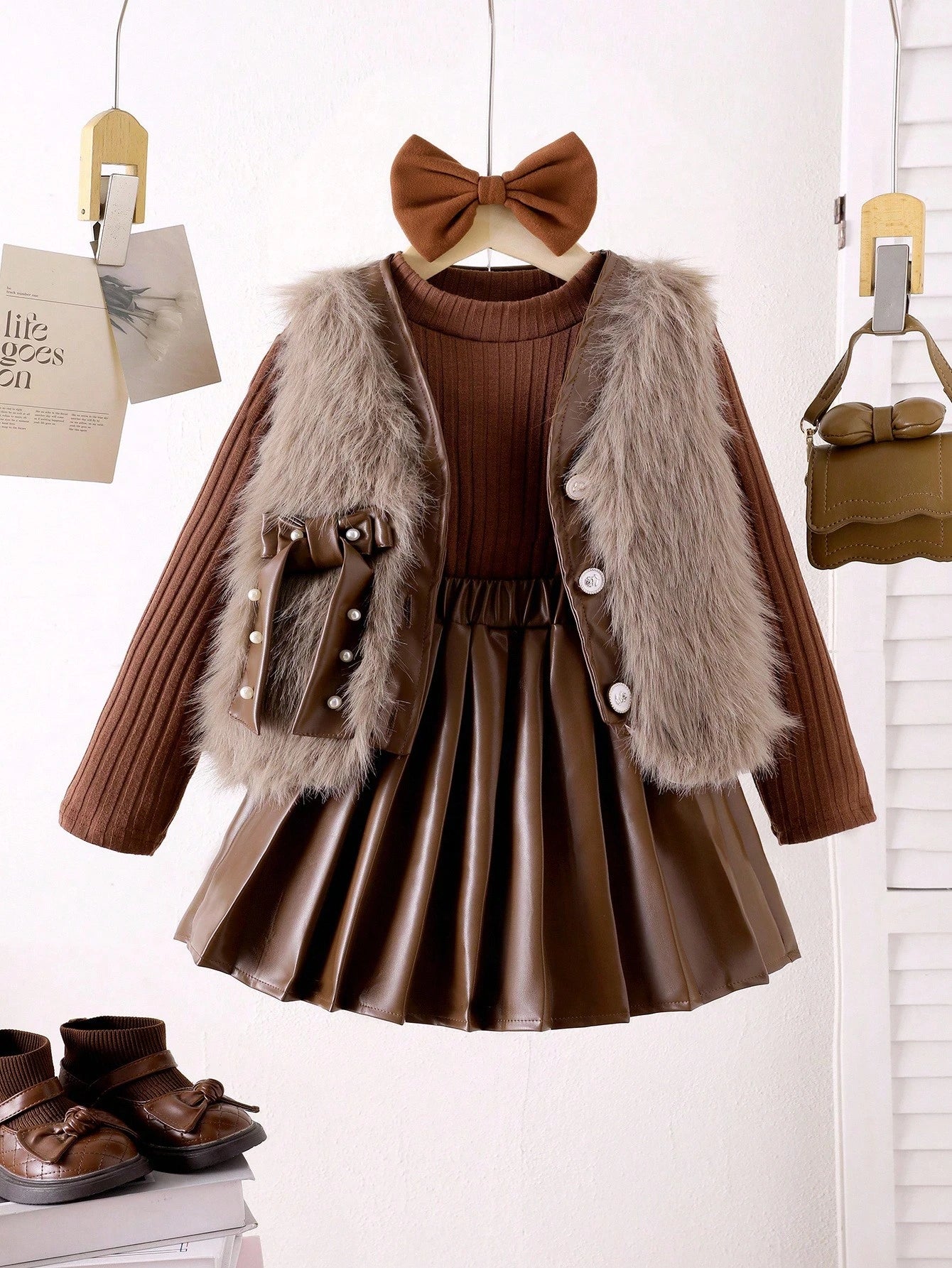 Young Girls Brown Knitted Long Sleeve Plush Bow Beaded Vest Jacket, Pleated Skirt