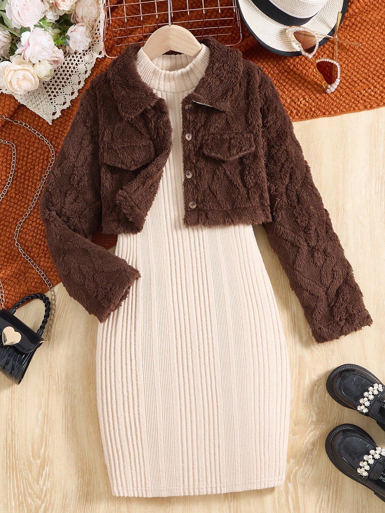 Warm Plush Coat + Mid-Neck Knitted Brushed A-Line Skirt Coffee Brown