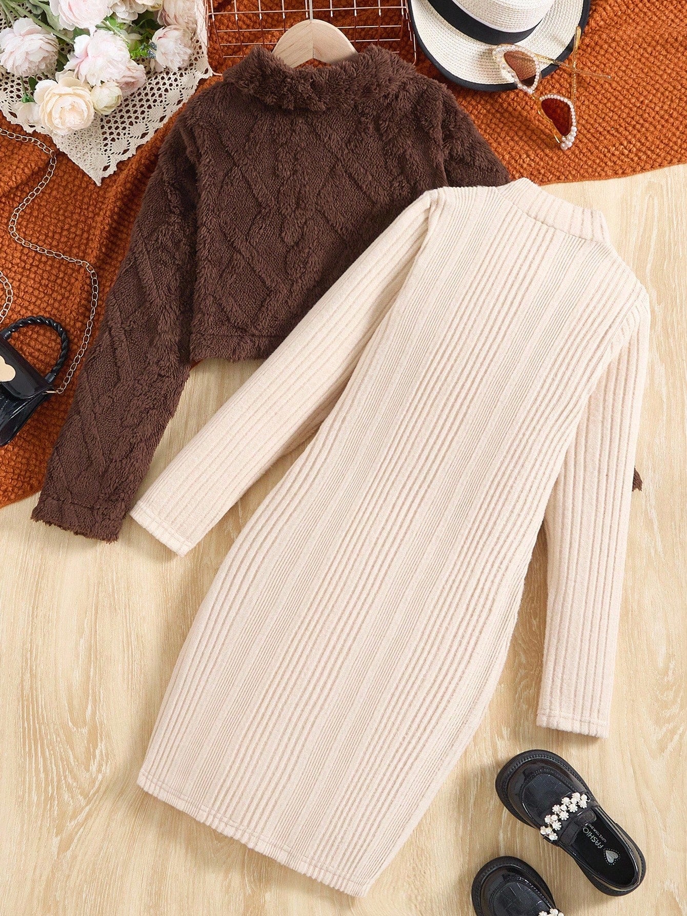 Warm Plush Coat + Mid-Neck Knitted Brushed A-Line Skirt