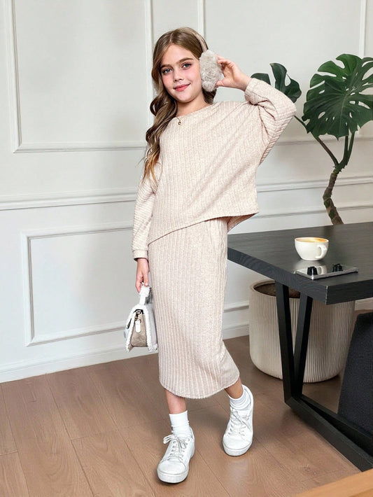 Tween Girls Bat Wing Ribbed Knit Crew Neck T-Shirt And Midi Pencil Skirt Apricot