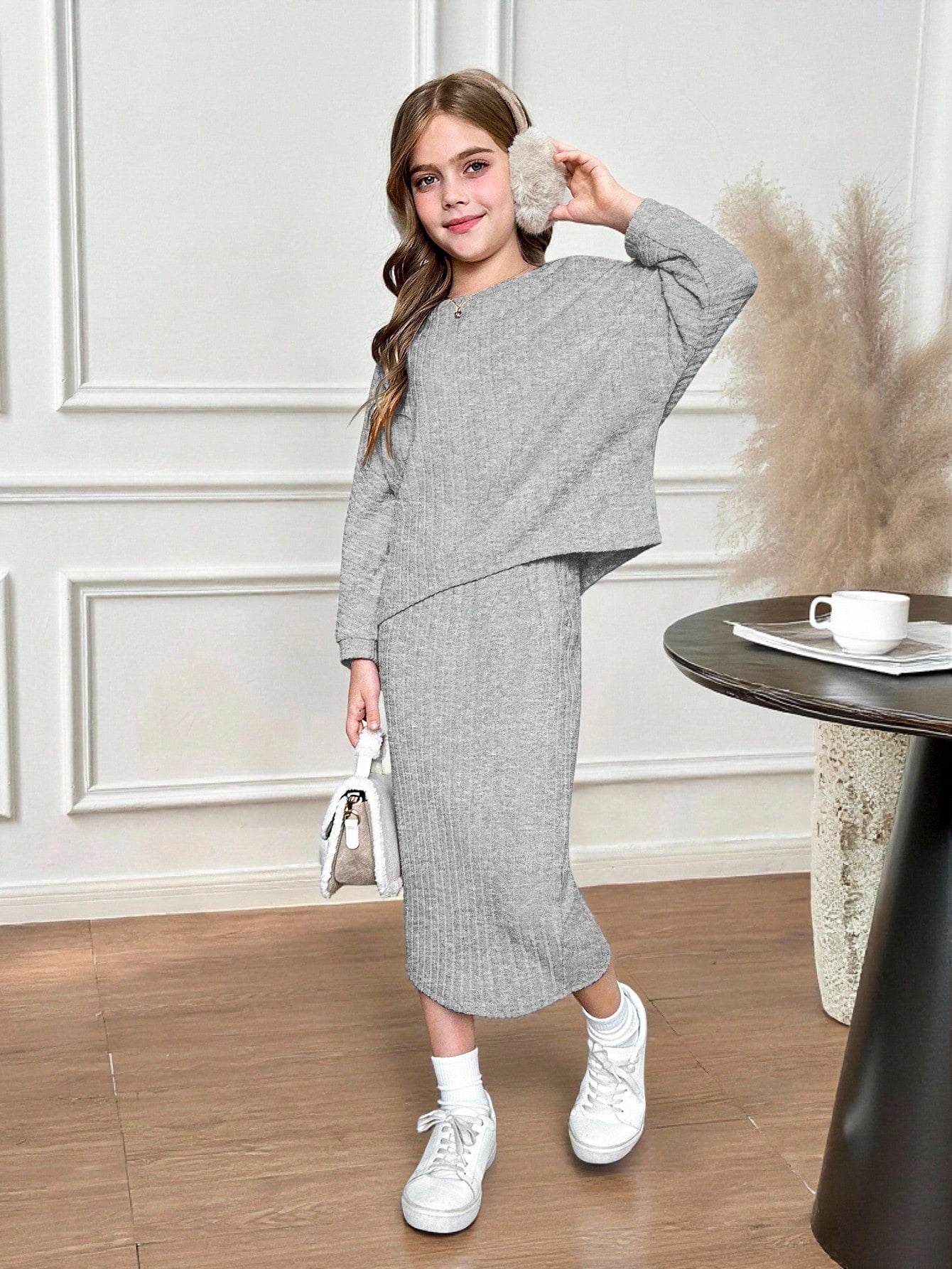 Tween Girls Bat Wing Ribbed Knit Crew Neck T-Shirt And Midi Pencil Skirt Light Grey