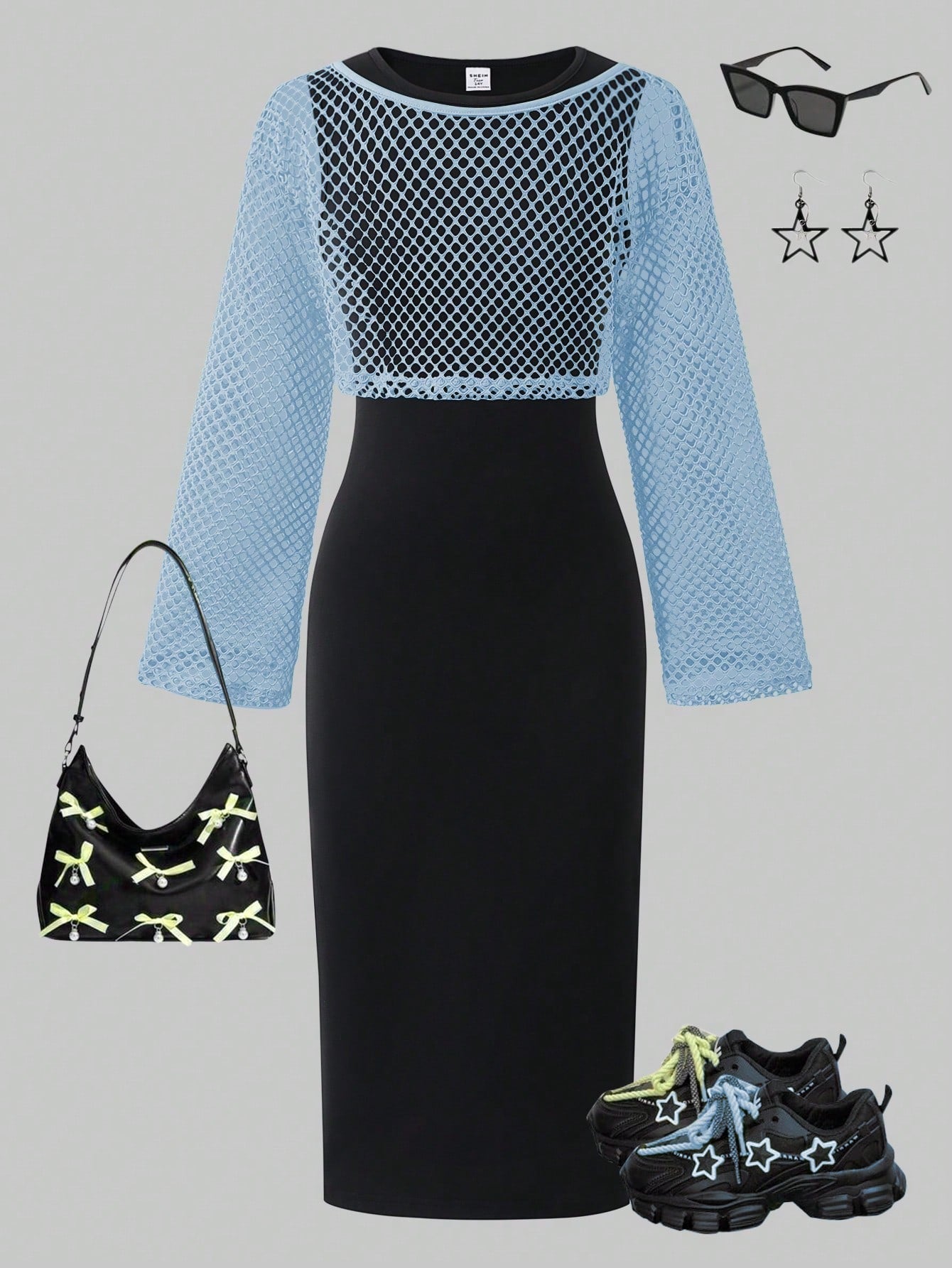 Teenage Girls Casual Elegant Black & White Knitted Midi Dress + Loose Mesh Cover Up Set Blue