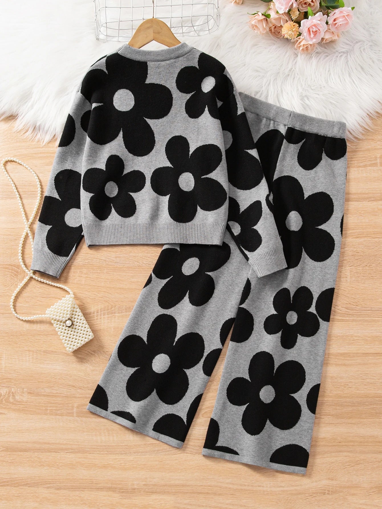 Patterned Jacquard Knit Sweater Long Sleeve Pullover & Long Pants Set