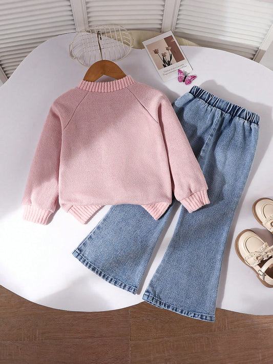 Girls' Knit Cardigan & Denim Flare Wide Leg Pants 2-Piece Set