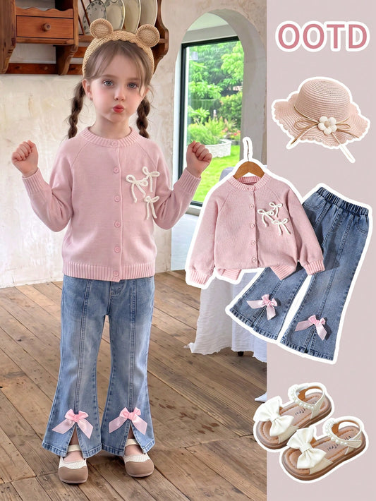 Girls' Knit Cardigan & Denim Flare Wide Leg Pants 2-Piece Set