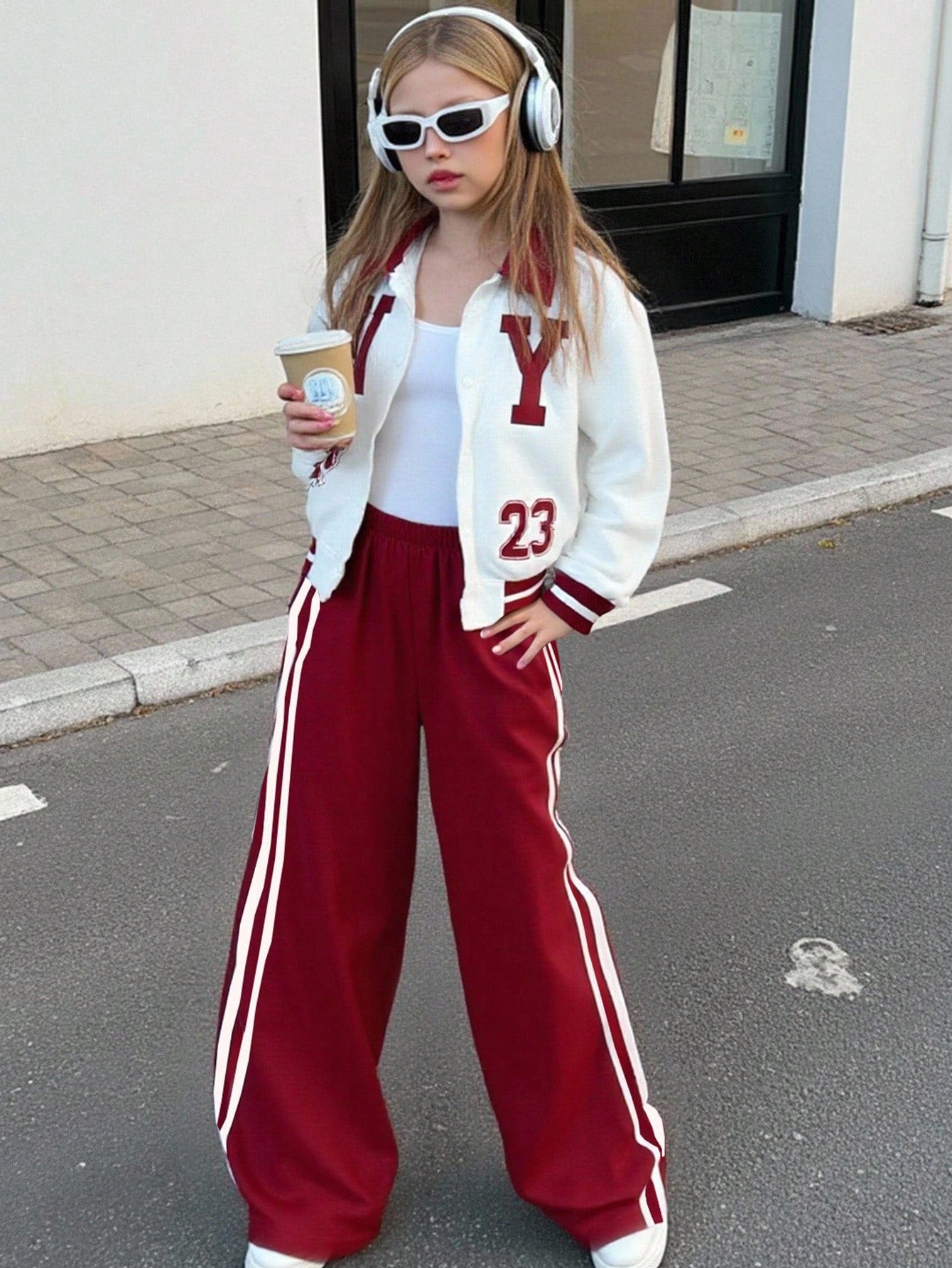 Striped Wide Leg Pants & Letter Graphic Button Collar Baseball Jacket