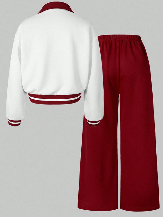 Striped Wide Leg Pants & Letter Graphic Button Collar Baseball Jacket