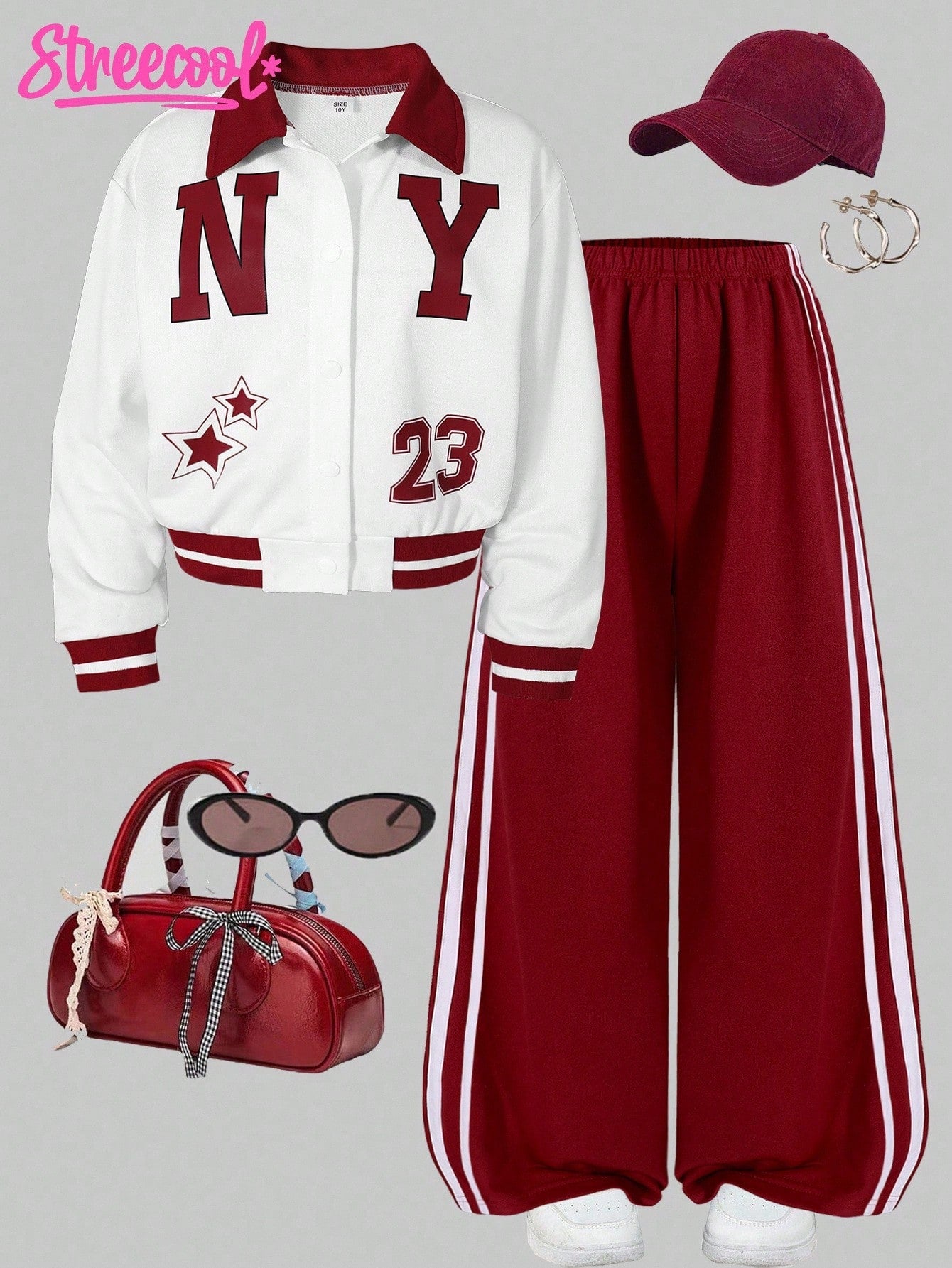 Striped Wide Leg Pants & Letter Graphic Button Collar Baseball Jacket