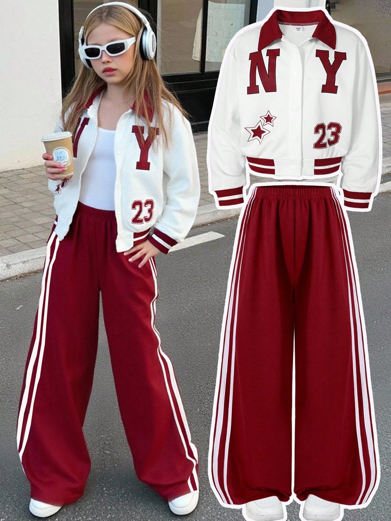 Striped Wide Leg Pants & Letter Graphic Button Collar Baseball Jacket Red