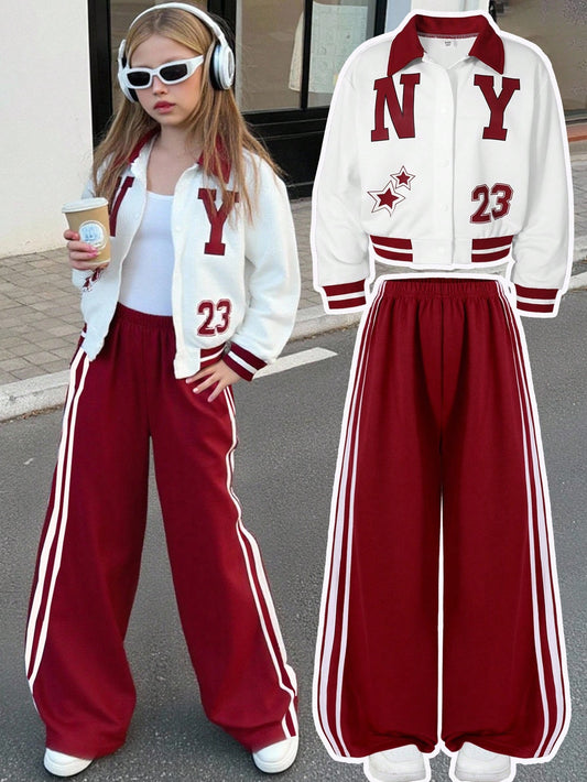 Striped Wide Leg Pants & Letter Graphic Button Collar Baseball Jacket Red