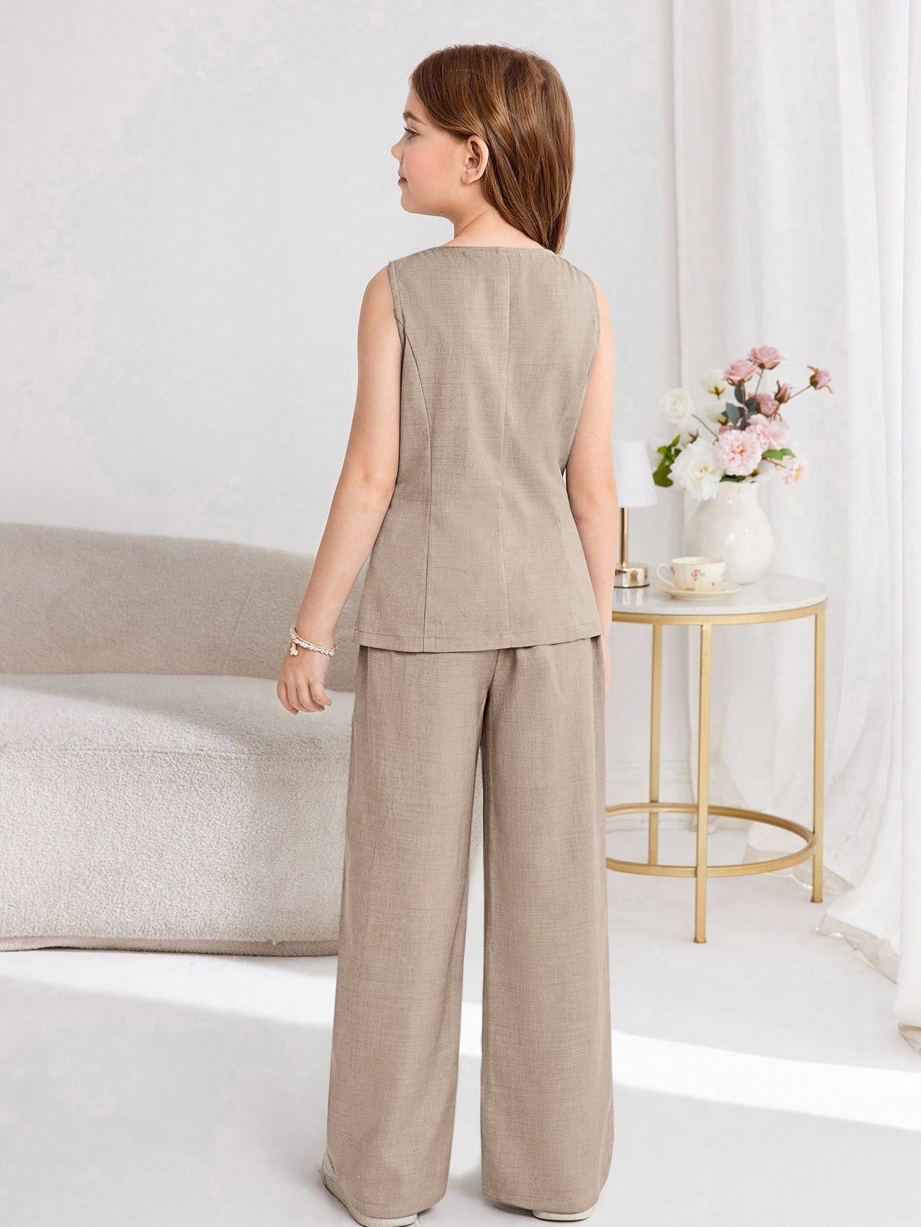 Striped Cropped Round Neck Sleeveless Button Front Vest Top And Straight Leg Pants