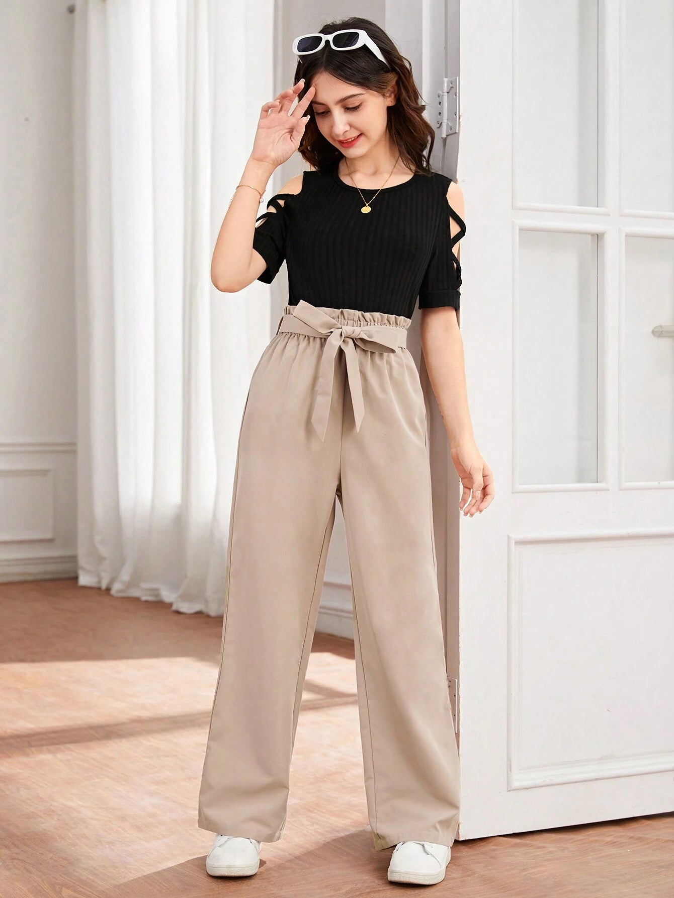 Cross Sleeve Tight Top And Straight Leg Pants With Bowknot Waistband Khaki