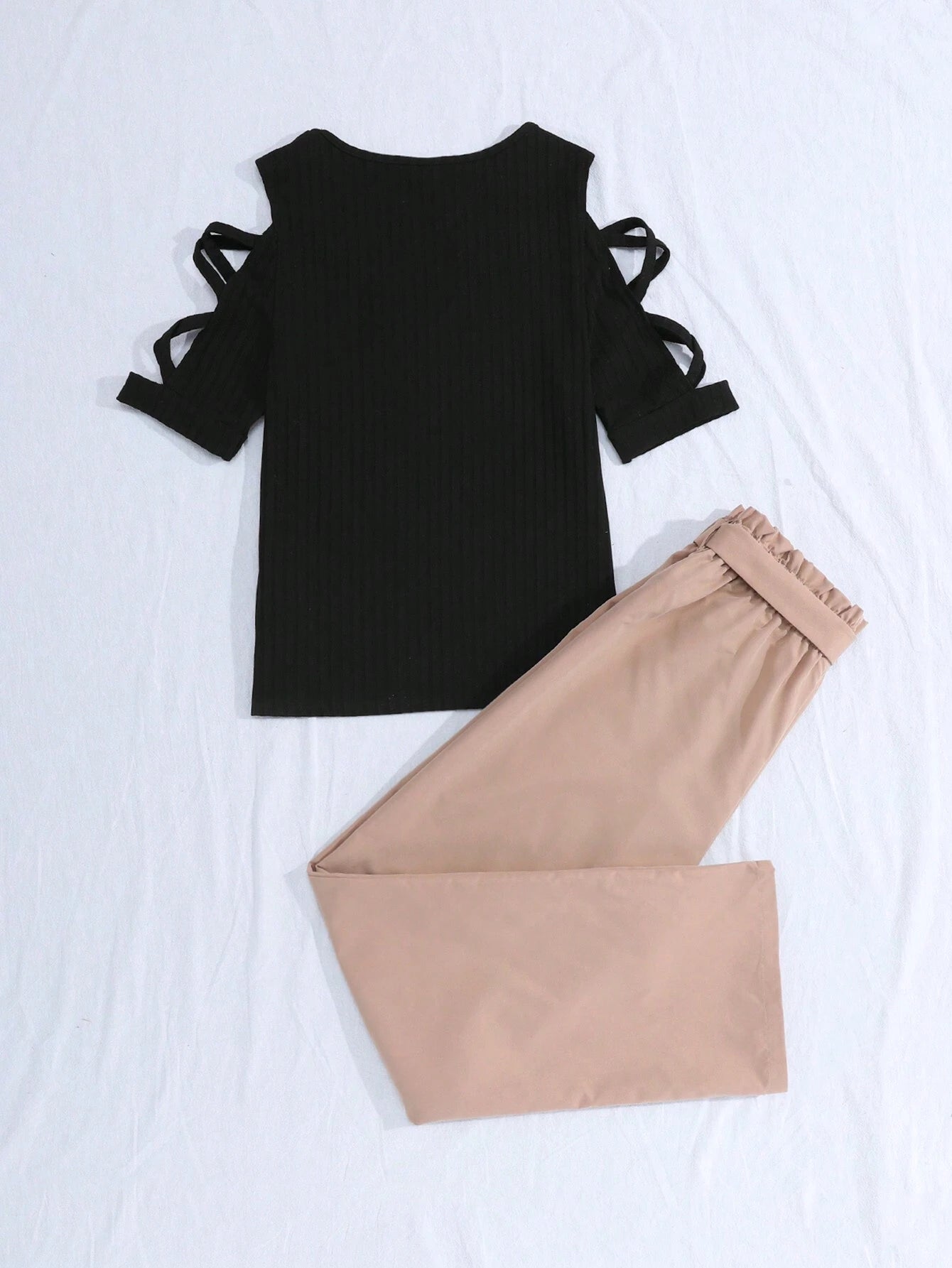 Cross Sleeve Tight Top And Straight Leg Pants With Bowknot Waistband