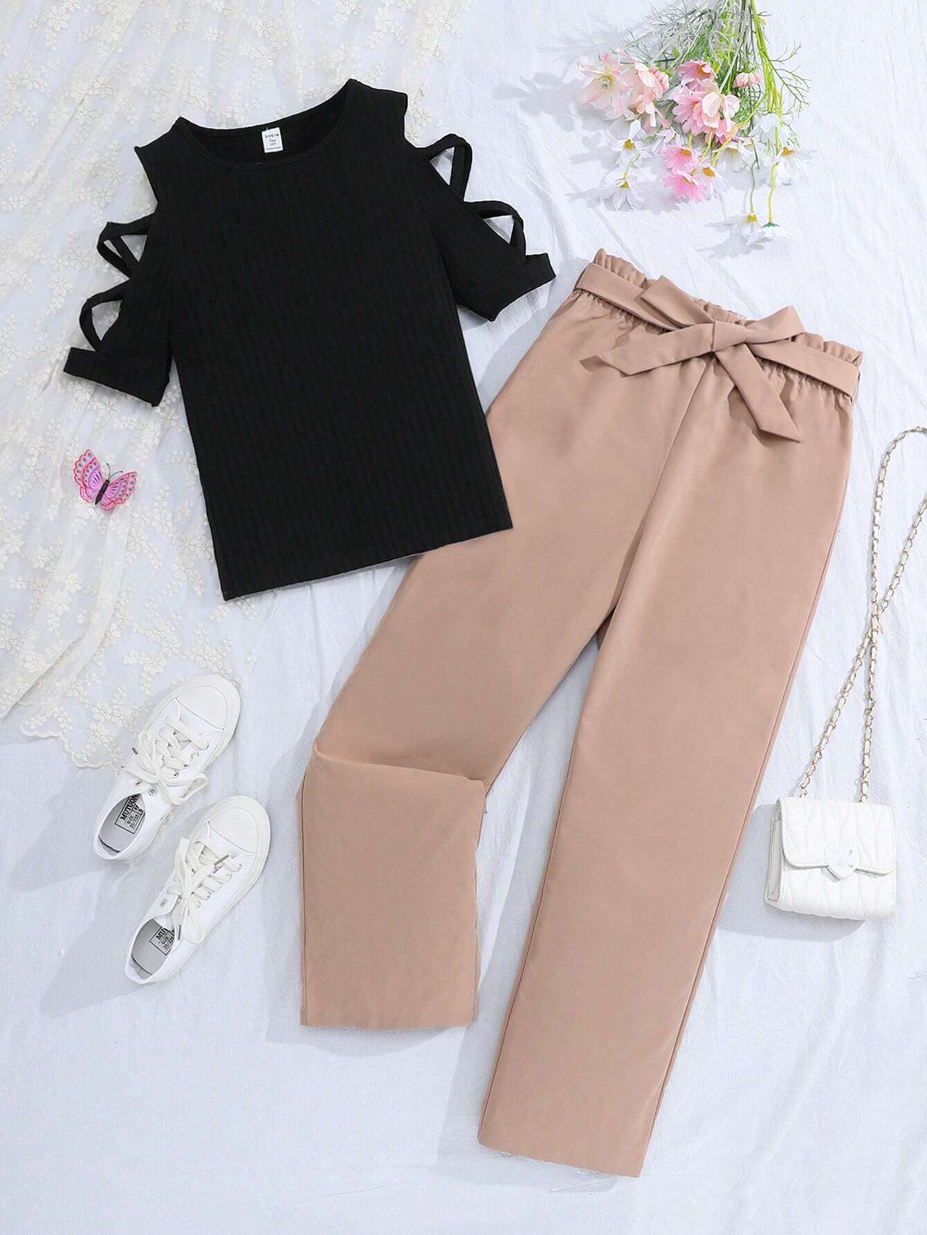 Cross Sleeve Tight Top And Straight Leg Pants With Bowknot Waistband