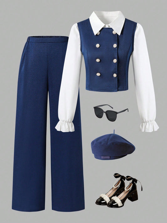 Teen Girl Casual Daily Solid Button Up Shirt And Button Decor Suspender Pants Grey