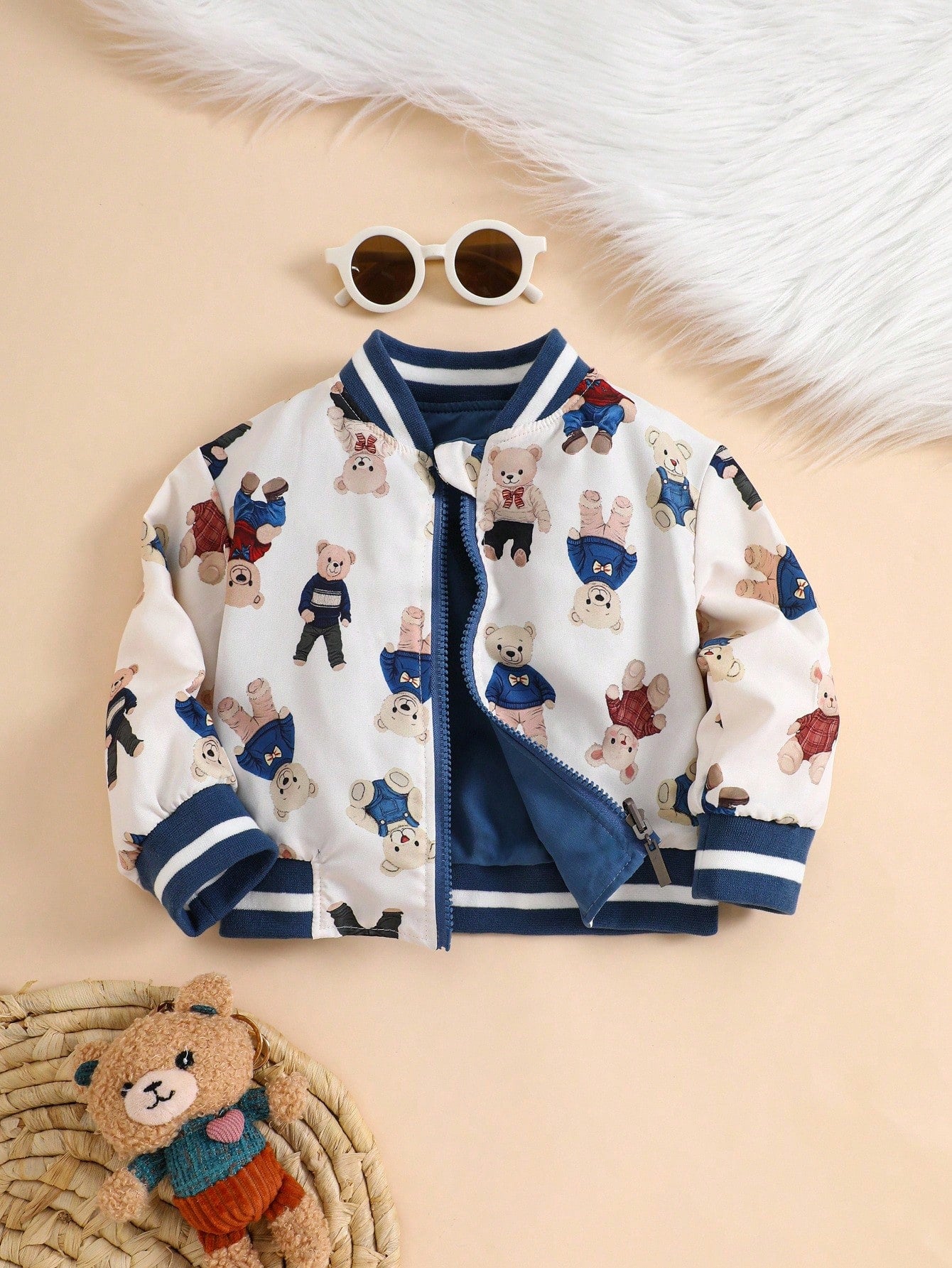 Baby Boy Contrast Stripes Ribbed Collar Cute Bear Print Reversible Zip-Up Jacket