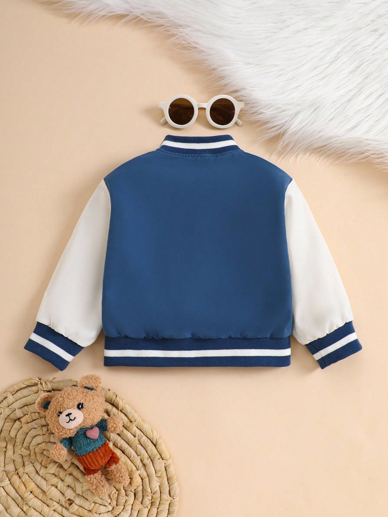 Baby Boy Contrast Stripes Ribbed Collar Cute Bear Print Reversible Zip-Up Jacket