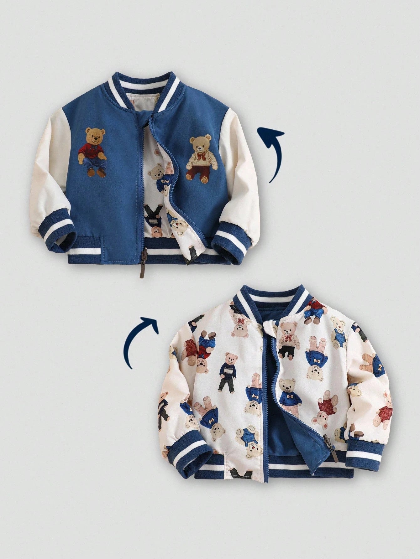 Baby Boy Contrast Stripes Ribbed Collar Cute Bear Print Reversible Zip-Up Jacket Multicolor 4