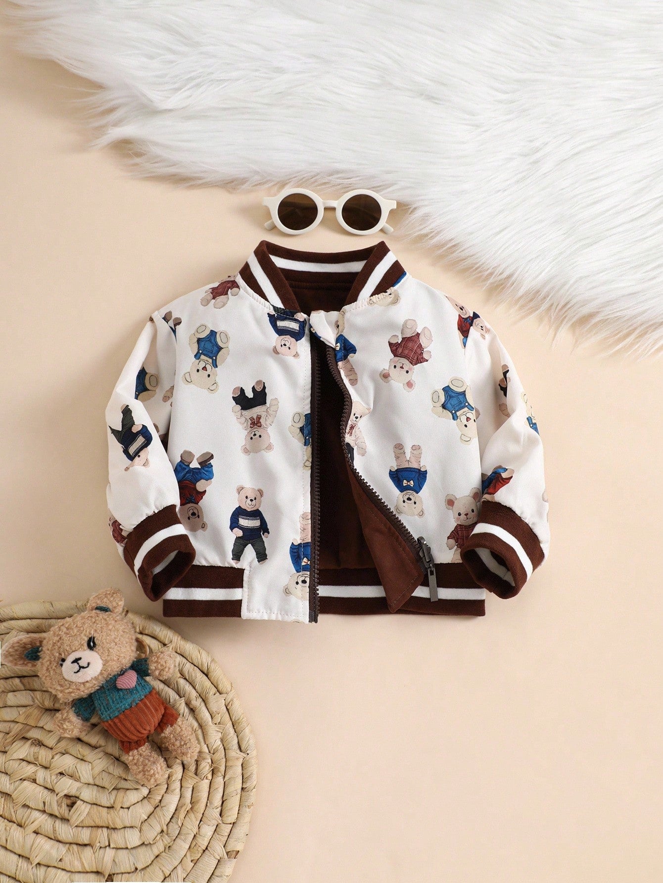 Baby Boy Contrast Stripes Ribbed Collar Cute Bear Print Reversible Zip-Up Jacket