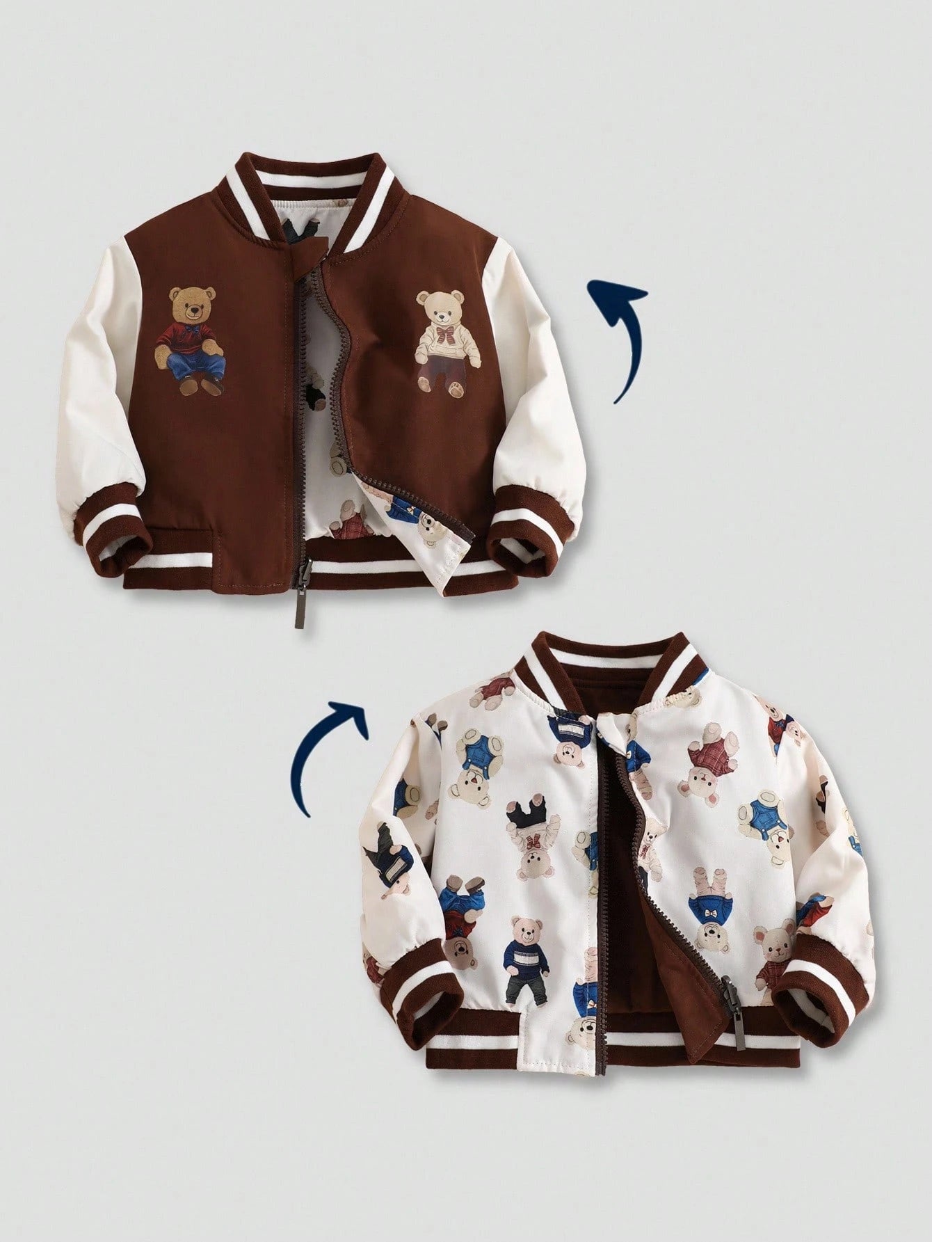 Baby Boy Contrast Stripes Ribbed Collar Cute Bear Print Reversible Zip-Up Jacket Multicolor 2