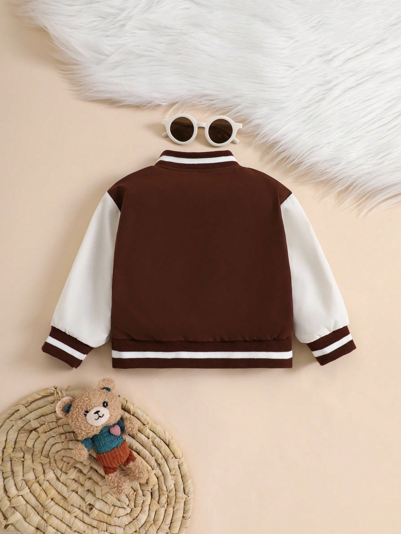 Baby Boy Contrast Stripes Ribbed Collar Cute Bear Print Reversible Zip-Up Jacket