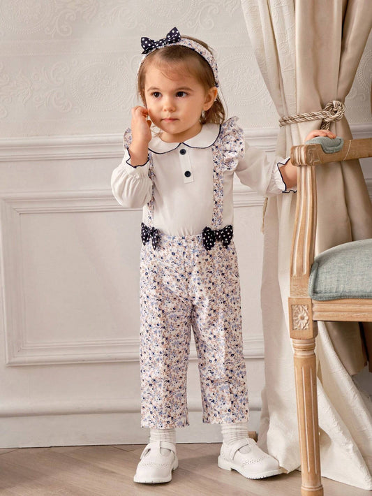 Toddler Girls Palace Style Floral Strap Pants, Shirt And Headband Set