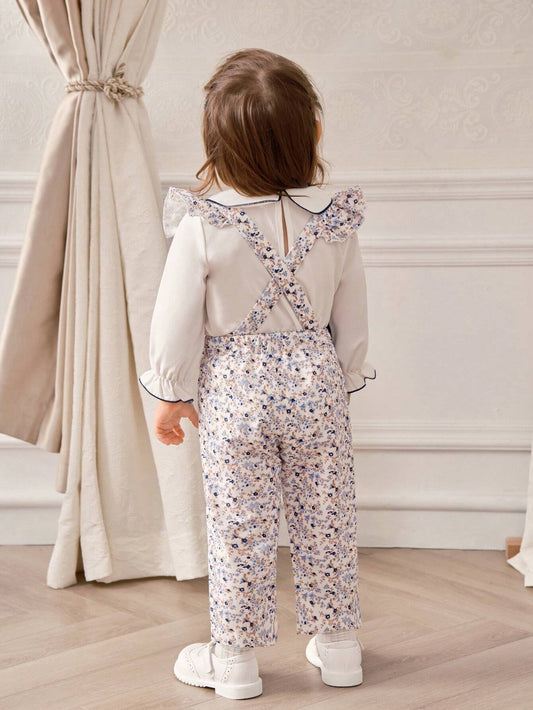 Toddler Girls Palace Style Floral Strap Pants, Shirt And Headband Set