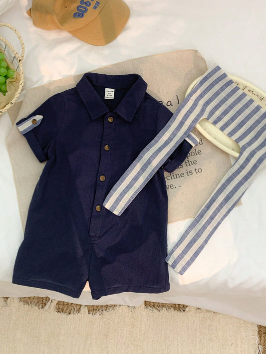 Collegiate Style Short Sleeve Romper Shorts