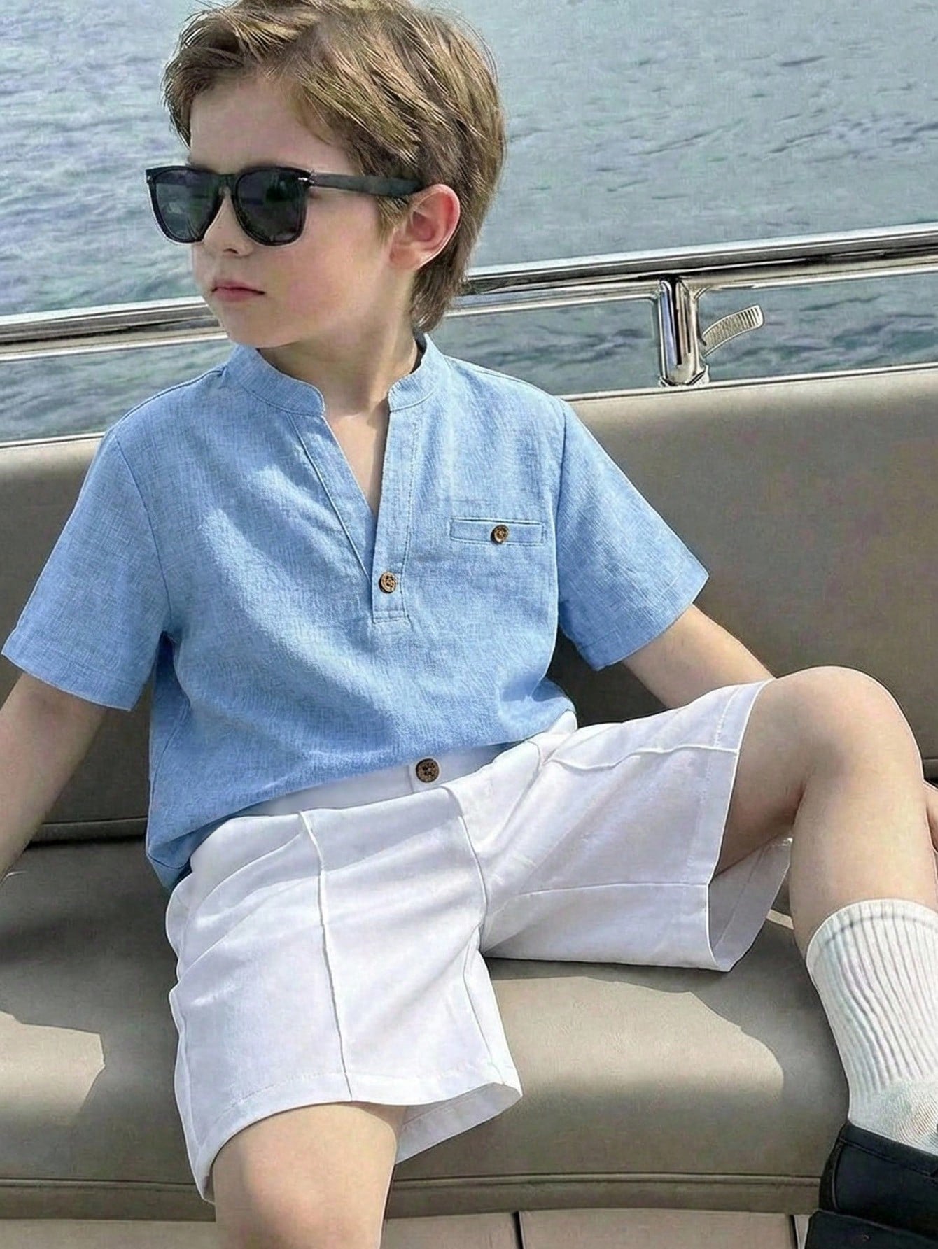 Casual V-Neck Short Sleeve Shirt And Shorts Buttoned Blue Set