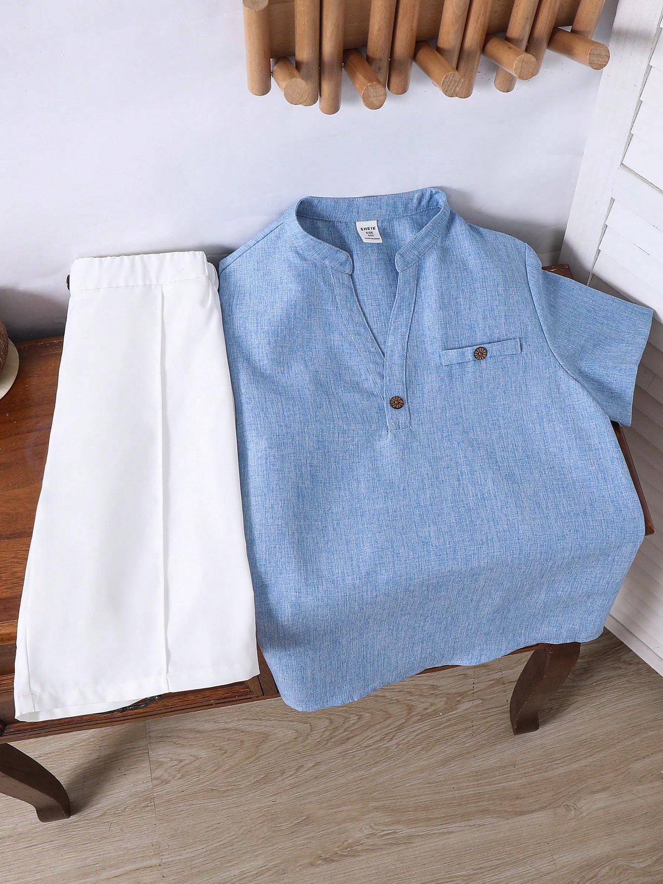 Casual V-Neck Short Sleeve Shirt And Shorts Buttoned Blue Set