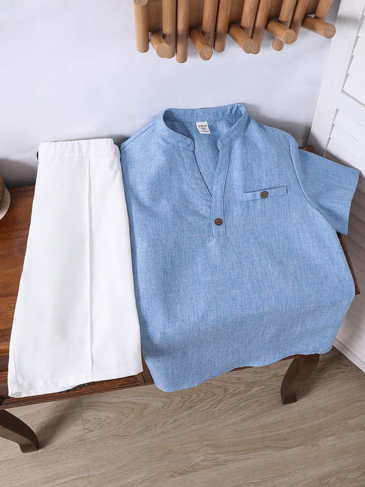 Casual V-Neck Short Sleeve Shirt And Shorts Buttoned Blue Set
