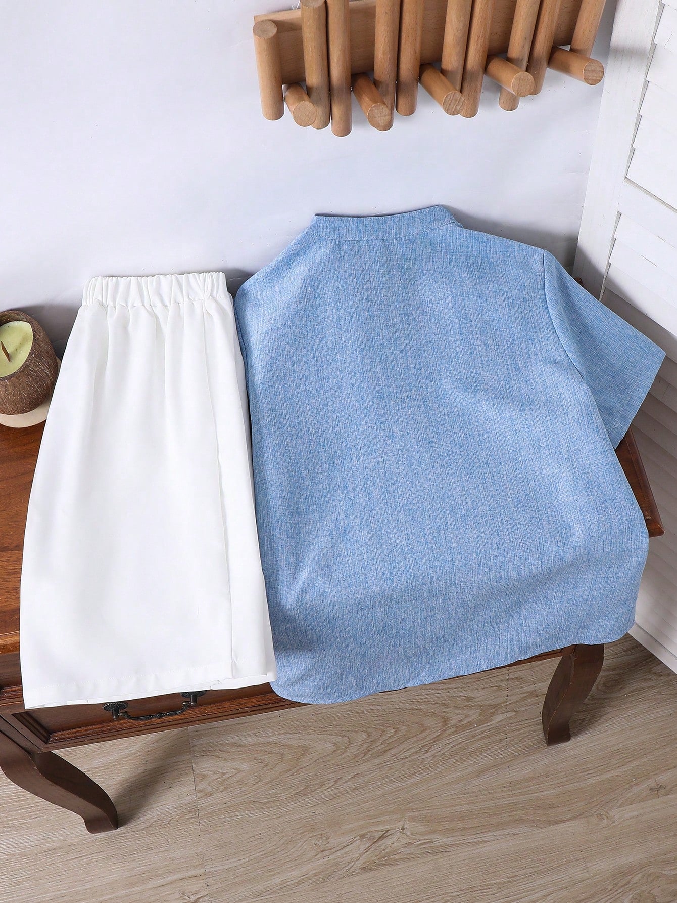 Casual V-Neck Short Sleeve Shirt And Shorts Buttoned Blue Set