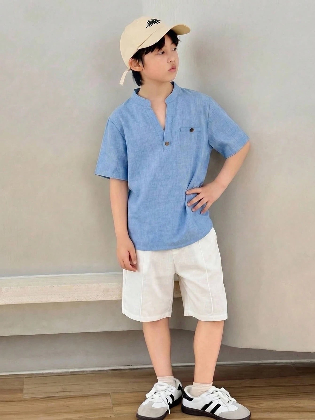 Casual V-Neck Short Sleeve Shirt And Shorts Buttoned Blue Set