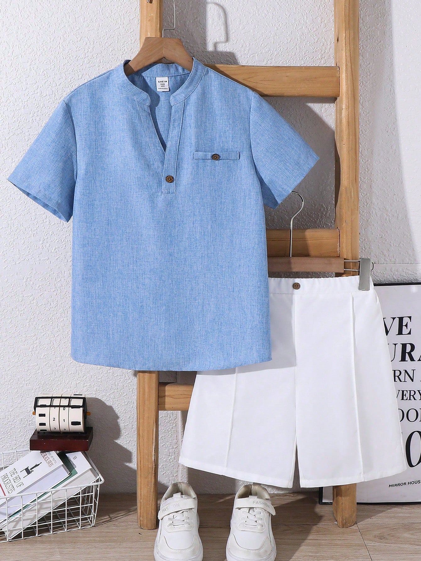 Casual V-Neck Short Sleeve Shirt And Shorts Buttoned Blue Set