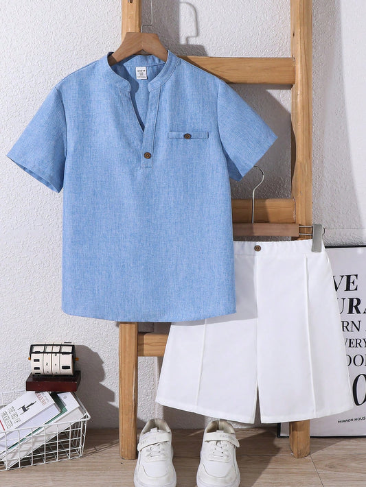 Casual V-Neck Short Sleeve Shirt And Shorts Buttoned Blue Set